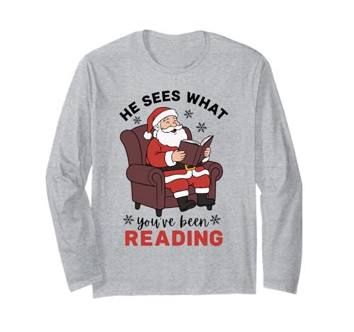 Santa Reading Funny Christmas Book Lovers Bibliotecario Maestro Manga Larga