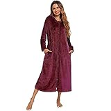 Bademantel Damen Frauen Bademantel Nachthemd Dicke Warme Robe Winter Unisex Einhorn Plüsch Pyjamas Flanell Bad Robe Nachtwäsche-Red Wine,XL