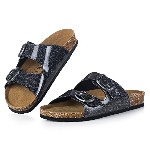 Women Slides Sandals, Ladies Slipper Cork Footbed with Adjustable Straps Glitter Black Size 11