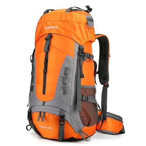 King'sGuard 60L Hiking Backpack Large Waterproof Camping Backpack for Men and Women Lightweight Frameless Backpacking Backpack with Rain Cover (Orange)