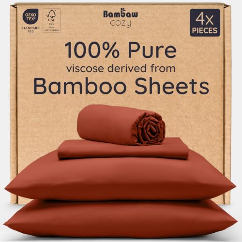 Bambaw 100% Viscose Derived from Bamboo Sheets California King Size Set – 4pcs Deep Pocket Cooling Sheets, Fits Up to 16'', Bedding for Night Sweats, Extra Soft Sheet Set (Terracotta)