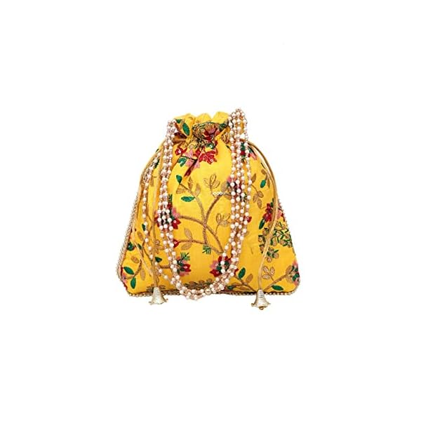 4EVER Rajasthani Style Royal Clutch Silk Batwa Bag wedding potli for ladies Deepawali Gift handbags traditional Indian Wristlet with Drawstring Ethnic Embroidery Women Fashion Potli (Pack of 3) (yellow, red, golden) - Image 5