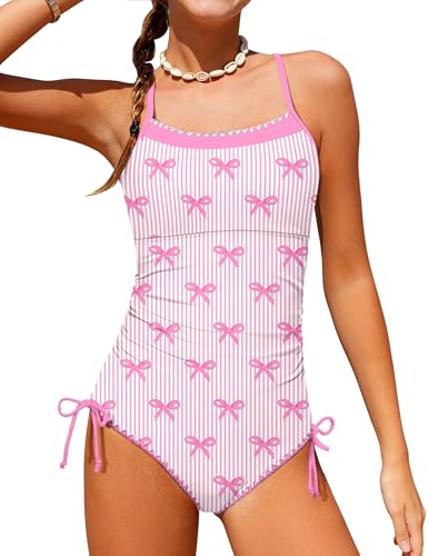 Image of BAVADER Girls Swimsuit One Piece Modest Girls Bathing Suit Solid Square Neck Ruched Adjustable Straps Padded Swimwear 9-16y