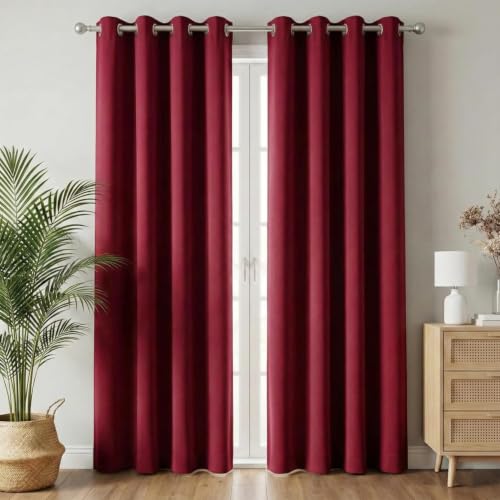 Image of 100% Blackout Window Curtains, 7 Feet, Solid Design, Faux Silk, Thermal Insulated, Noise Reducing Eyelet Door Curtain with Tie Back for Living Room & Bedroom, 115x210cm, Pack of 2 - Maroon