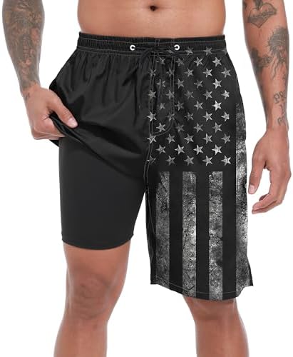 Mens Swim Trunks with Compression Liner 9&#34; Stretch Board Shorts 2 in 1 Quick Dry Swimwear Bathing Suits