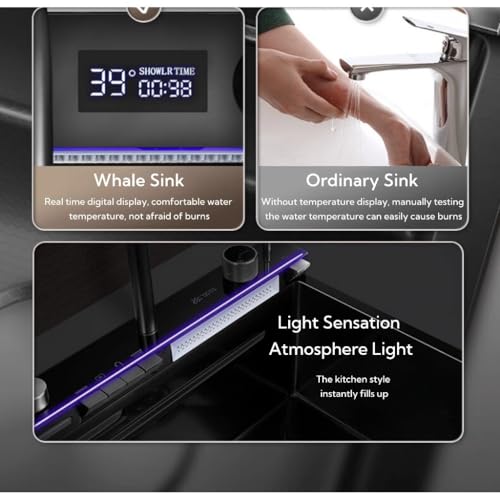 Image of Digital Kitchen Sink with 5-Piano Switch|304 Grade Stainless Steel Sink with Waterfall&Pull-down Faucet|LED Digital Display & RO Tap|360 Pull-out Faucet|Hot & Cold Control Handwheel (30x18x9 Inch)