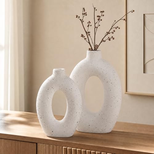 LE TAUCI Ceramic Vases Set of 2, White Hollow Donut Flower Vases, Nordic Decor Decorative Centerpiece for Living Room, Office Table, Shelf, Mantel, White Speckled (H10.5”xW8.5”)