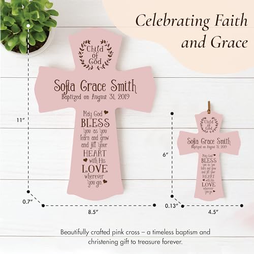 Image of LifeSong Milestones Pink Wooden Wall Cross: Family Celebrations Baptism, Christening, and First Communion - Religious Keepsake for Baby Girls - Baptism Gifts, Favors, and Decorations Pink 8.5x1