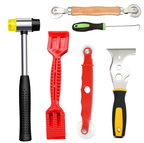 6 PCS Window Glazing Tool Kit Glazing Tools 16-in-1 Steel Scraper Ruber Hamme Red Window Roller Rubber Strip Shovel Spline Roller Tool Spline Removal Hook for Windows Doors