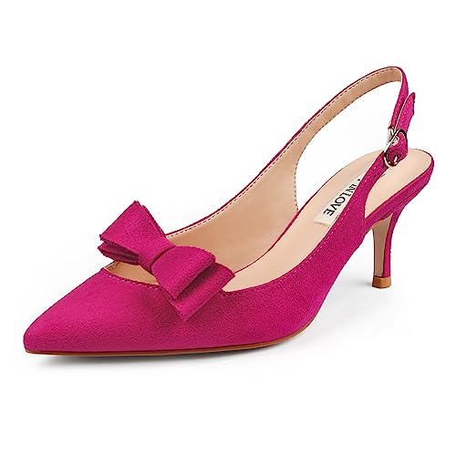 JOY IN LOVE Kitten Heels for Women Slingback Pumps Sandals Pointy Toe Pumps with Bow Fuchsia Suede 7 US