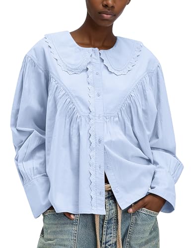 Womens Peter Pan Collar Button Down Blouses Shirts Loose Fit Casual Long Sleeve Summit Shirt4