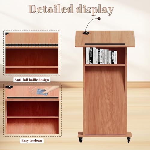 Image of Portable Mobile Wooden Podium Stand with Lockable Wheels, Lightweight 42.5 inch Rolling Lectern for Churches, Ideal for Presentations, Events, and Public Speaking