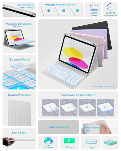 Image of typecase Folio Keyboard Case for iPad 10th Gen 10.9 inch (2022) and iPad 11th (A16, 2025), Magnetic Wireless Detachable Keyboard, 7-Color Backlight, Thin & Light, Pencil Holder - Gray