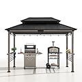 Sunjoy Wooden Grill Gazebo with AC Power Port, 8 x 12 ft. Steel Hardtop Outdoor Gazebo for Year-Round Grilling, Cedar Framed Gazebo with Built-in Electrical Outlets and Decorative Fence, Black