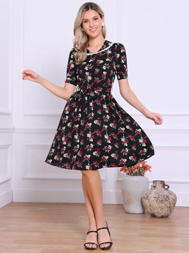 Image of Allegra K Women's Vintage Peter Pan Collar High Waist Flowy Midi Puff Sleeve Floral Dress