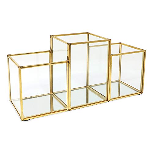 Isaac Jacobs 3-Compartment Makeup Brush Holder, Vintage Style Brass and Glass Organizer, (9.3 L x 3.1