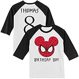 Personalized Mickey Spider Birthday Shirt | Mickey Spider | Handmade Decorated Shirt | Personalized with Name and Age | Unisex 3/4 Sleeve Raglan T-Shirt
