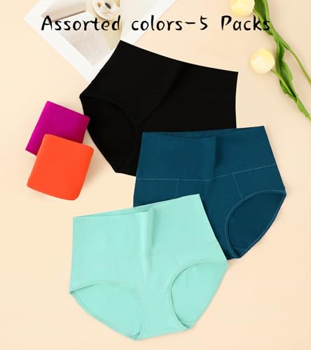 ASIMOON High Waisted Cotton Underwear for Women Plus Size Slight Tummy Control Full Coverage Panties Briefs Ladies Pack2