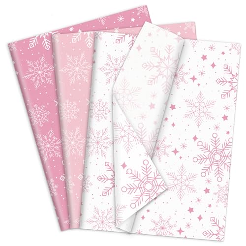 JarThenaAMCS 120 Sheets Winter Christmas Tissue Paper Pink White Snowflake Wrapping Paper for Xmas Home Party DIY Crafts Supplies 14 x 20 Inch