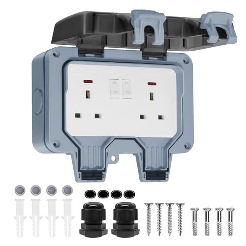 BSEED Outdoor Double Socket IP66 Waterproof 13Amp, Weatherproof Outdoor Double Switched Power Wall Socket with LED Indicator, for Garden, Patio, Yard, RV, Camping, Grey