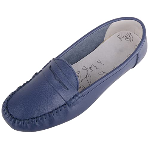 ABSOLUTE FOOTWEAR Womens Action Leather Slip On Moccasin Summer Loafers - Navy - UK 6 / EU 39
