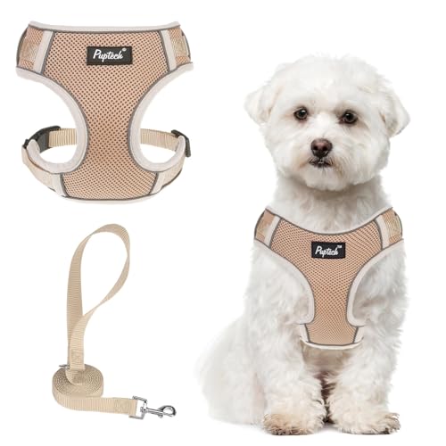 PUPTECK Small Dog Harness and Leash Set, No Pull Adjustable Puppy Cat Harness, Reflective Soft Mesh Pet Vest Small Sized, Khaki, M