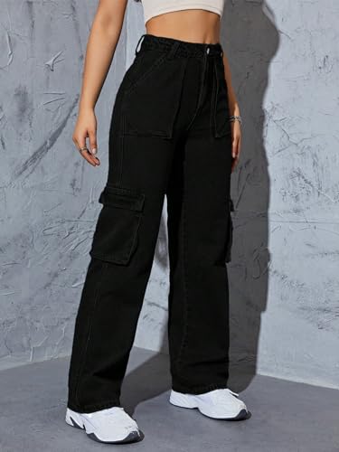 Image of NUCOUTHS Women High Waist Relaxed Fit Casual Cargo Jeans 6POCKET Black C