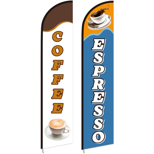 Remagr 2 Pack Coffee Espresso Feather Flags Cafe Feather Swooper Banner 2.5 x 12 ft Tall Heavy Duty Coffee Espresso Shop Advertising Market Sign Weatherproof Outdoor Business Flag Only(Classic)