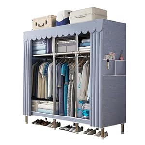 59Inch Portable Wardrobe Closet Storage Organizer for Bedroom, 23MM Thick Steel Hanging Rack with Polyester/Cotton Fabric Cover Moonlight Grey