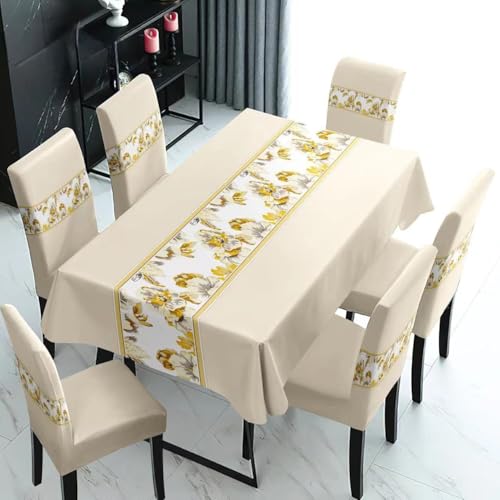 Image of Styleys Dining Chair Cover with Table Covers for Kitchen Waterproof Dining Table Cloth (1 Table Cover + 6 Chair Cover, Light Green Flower, K718)