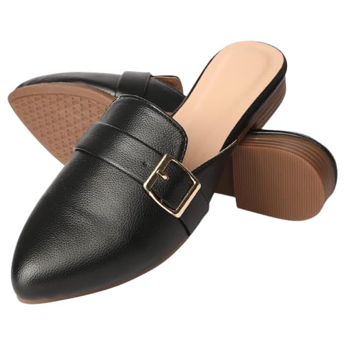 Women's Black Pointed Toe Mules with Gold Buckle Detail | Elegant Block Heel Slip-On Loafer Slides for Women-image-42