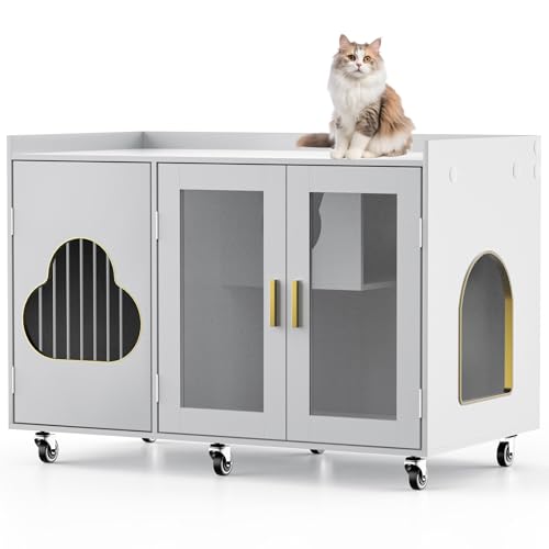 Cielozen Cat Litter Box Enclosure, Large Cat Litter Box Furniture Transparent Glass Door, Fit Most of Litter Box, Modern Indoor Partitioned Cat House, End Table, 39.4 X 21.7 X 24.8 Inches, White