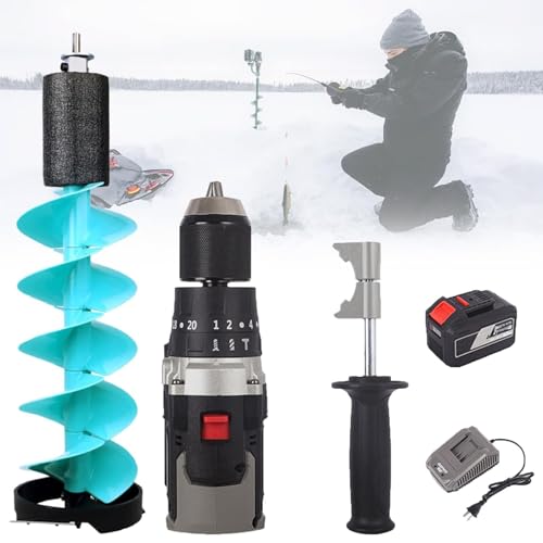 Electric Ice Drill with Drill Motor and Auxiliary Handle, 8 Inch Garden Drill Bit, Rechargeable Electric Ice Drill Bit for Thick Ice and Deep Water
