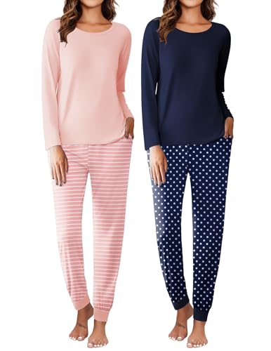 Ekouaer 2 Pack Womens Pajamas Set Long Sleeve Sleepwear Top and Jogger Pants Lounge Sets Cozy Pjs Loungewear S-XXL