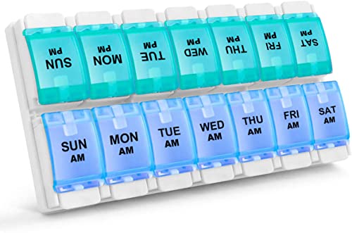 Image of Sukuos AM PM Weekly 7 Day Pill Organizer, 2 Times A Day Pill Box with Arthritis Friendly Push Button, Medicine Cases for Vitamin /Fish Oil /Supplements, Easy to Clean (Cyan&Blue)