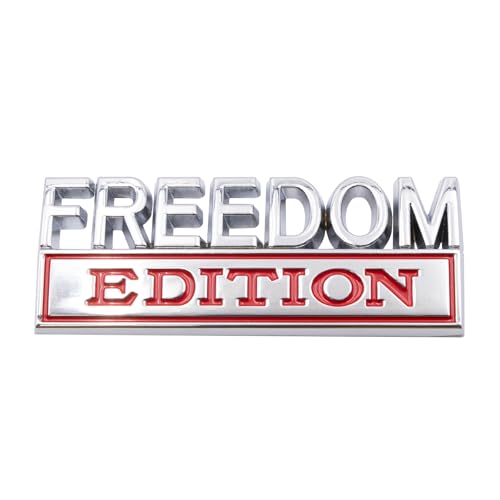 Image of 1pc 3D Raised Letter Freedom Edition Emblem Car Decals - Metal Sticker for Cars, Trucks, Motorcycles, SUV - Door Tailgate Bumper Badge Decal Vehicles Decoration (Silver and red)