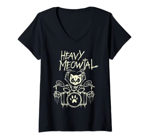 Damen Heavy Meowtal Headbanger Schlagzeuger Katze spielt Schlagzeug Meowtal T-Shirt mit V-Ausschnitt Cover