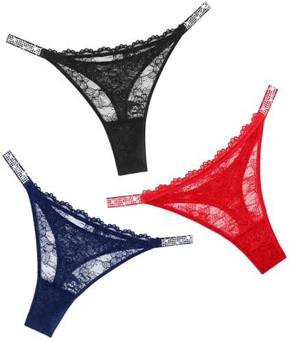 Image of Avidlove Lace Thongs for Women with Rhinestone-Embellished Strap Cheeky Underwear Sexy Panties 1-3 Pack