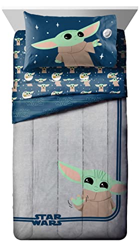 Image of Star Wars Mandalorian Grogu Full Comforter Set 7 Piece Kids Bedding, Gray | Baby Yoda, Bed in a Bag, Comforter Sheets Shams Pillowcases, Official Brand, Soft Microfiber, Machine Washable, Kids Gift