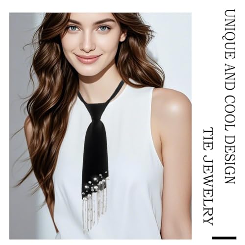 Vinzar Black Tie Choker Pearl Y-Necklace Silver Tassels Choker Long Tie Necklace for Women3