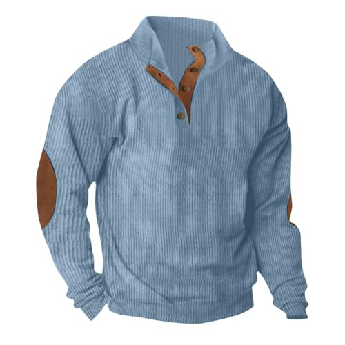Rkwins Sudaderas para hombre, de pana, con botones de un cuarto, de manga larga, estilo vintage, para exteriores, cuello alto, blusa, Azul/claro, XXX Large