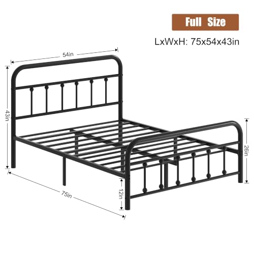 Image of Shintenchi Full Size Metal Platform Bed Frame with Headboard & Footboard, Steel Slat Mattress Foundation, Under Bed Storage, Noise-Free, No Box Spring Needed, Black Round