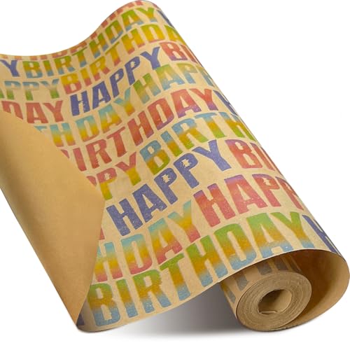 Birthday Wrapping Paper Roll, 15m Colourful Happy Birthday Wrapping Paper, Recyclable Kraft Gift Wrap, Boys Birthdays Gift Wrapping Paper Perfect for Boy Gilrs Men Women Birthdays Decorations