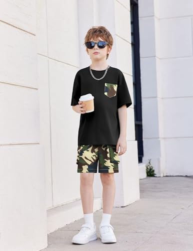 Image of Arshiner Boys' 2-Piece Cotton Outfit Short Sleeve Crewneck T-Shirt & Cargo Shorts Set Summer Casual Clothes for Kids 5-13