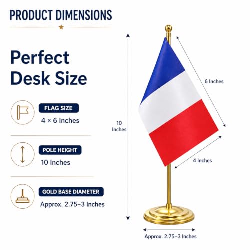 Image of The Flag Company Gold Acrylic Pole with Round Base | Desk Flag for Office, Reception & Home Decor (France)