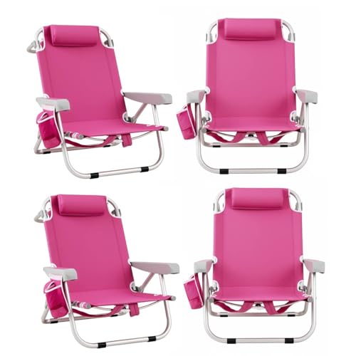 Image of Tangkula Set of 4 Backpack Beach Chair, 5-Position Lightweight Folding Lay Flat Beach Chairs with Storage Bag, 2 Cup Holders, Towel Bar, Backpack Straps