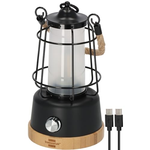 Brennenstuhl LED Akku Campinglampe CAL 1 AC (350lm, IP44, bis zu 75h Leuchtdauer, stufenlos dimmbar, Farbtemperatur einstellbar, wiederaufladbare USB C Outdoor Lampe mit Hanfseil und Bambussockel)