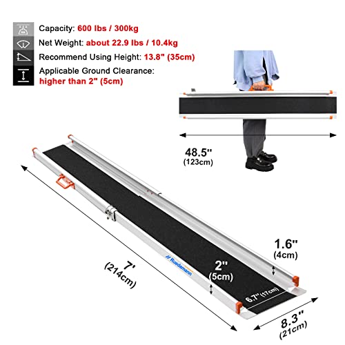 Ruedamann 7'L×8.3" W Adjustable Aluminum Wheelchair Ramp,600Lbs Capacity,Portable Telescoping Non-Skid Surface Wheelchair Ramp For Home, Stairs, Steps #TOP1