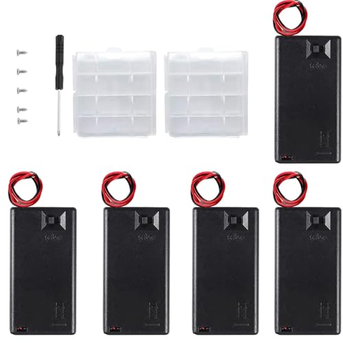 VISSQH 5 pcs AAA battery holder,3 x 1.5V AAA Plastic battery holder with ON/Off Switch & Wire Leads & Cover+2 PCS Plastic Battery Storage Box(Black)