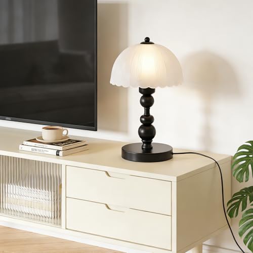 mfanchan 7.9" Metal Desk Lamp Vintage Frosted Glass Table Lamp, Mid Century Black Glass Flower Table Lamp with 3 Color Temps, Modern Small Nightstand Light for Bedroom Study Living Room — view 4